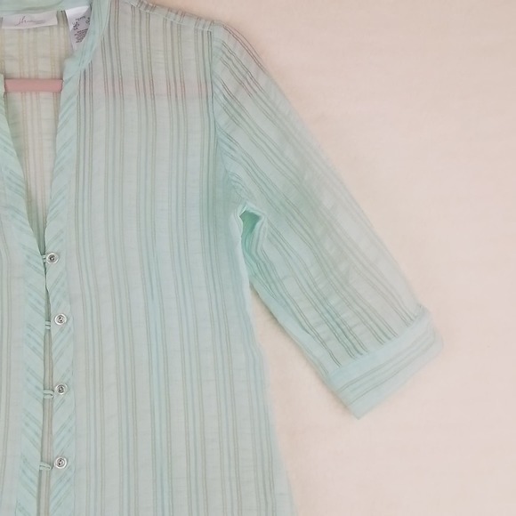 JH Collectibles Womens Blouse S Green Stripe 3/4 Sleeve Semi Sheer Button Shirt - Picture 9 of 10